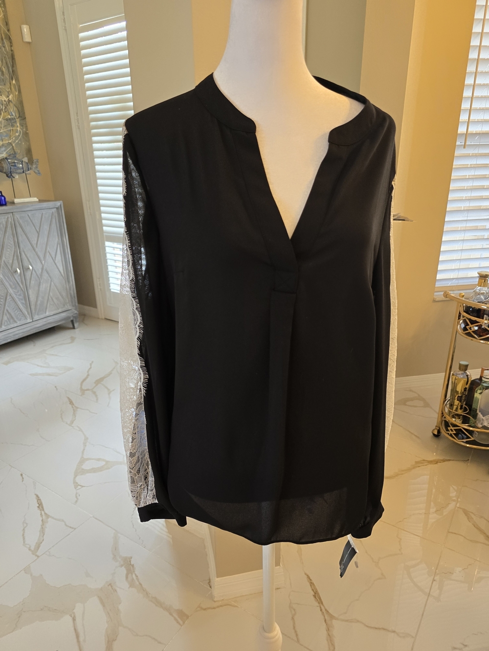 INC International Concepts Black Blouse with White Lace Sleeves